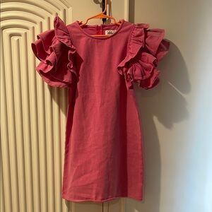 Stylish Pink Ruffle Sleeve Kids Dress